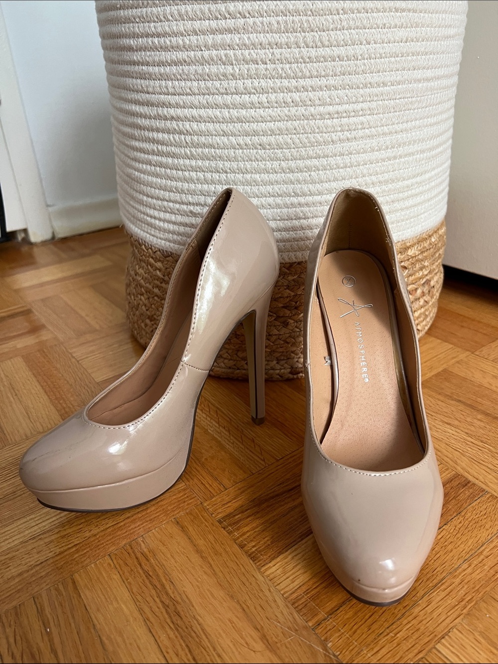 Atmosphere Beige Patent Platform Pumps - Glossy Nude Heels